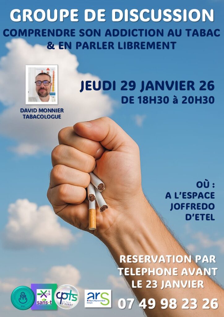 Lire la suite à propos de l’article Groupe de Discussion : comprendre son addiction au tabac & en parler librement !le jeudi 29 Janvier à l&rsquo;espace Joffredo d&rsquo;Etel -Gratuit-